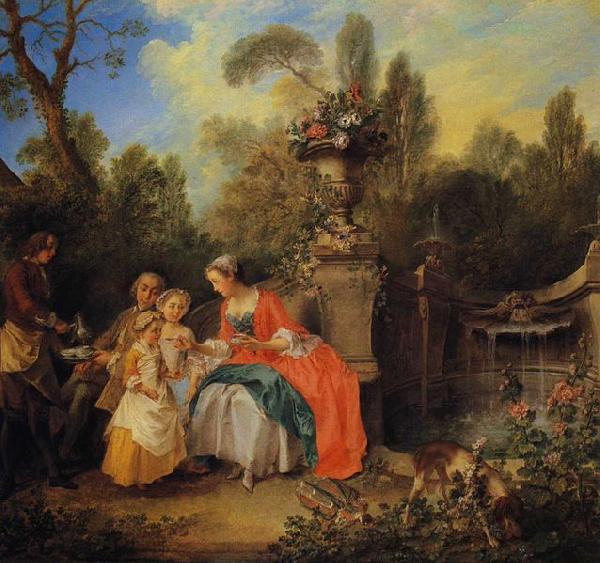  A Lady and Gentleman Taking Coffee with Children in a Garden